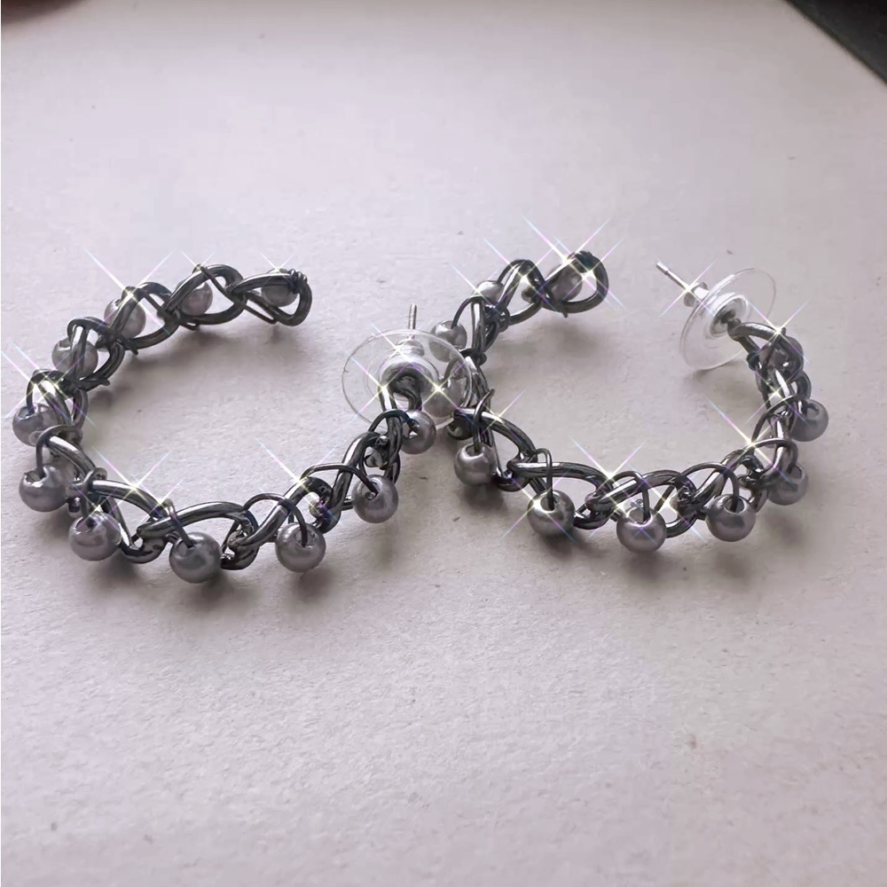 Gunmetal Chain Hoop Earrings with Dangling Steel Beads Silver Black